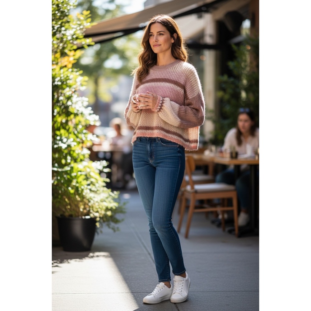Altar State Striped Mohair Blend Cropped Sweater Pink Mauve Cream Women's M